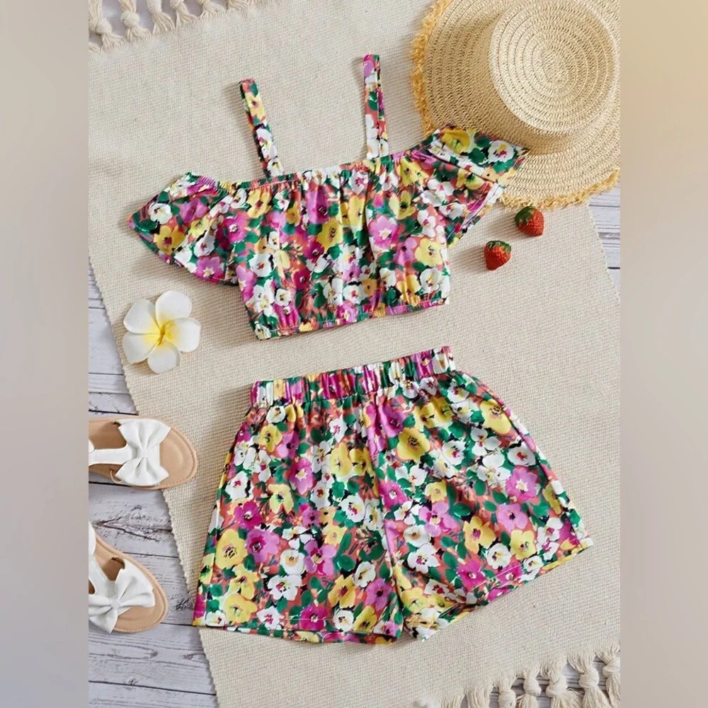 Girls Floral Print Cold Shoulder Top & Shorts & Skirt